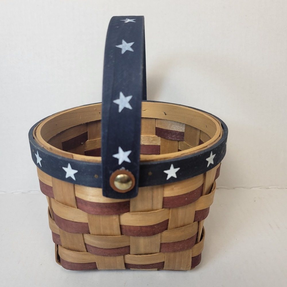 Vintage Boyds Bears Americana Primitive Woven Wood Basket Swing Handle Star Rim